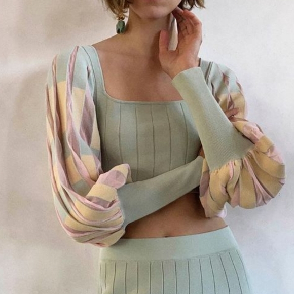 Zara Pleated Knit Crop Top Womens S Green Yellow Square Neck Boho Retro 90s Y2K - Picture 6 of 11